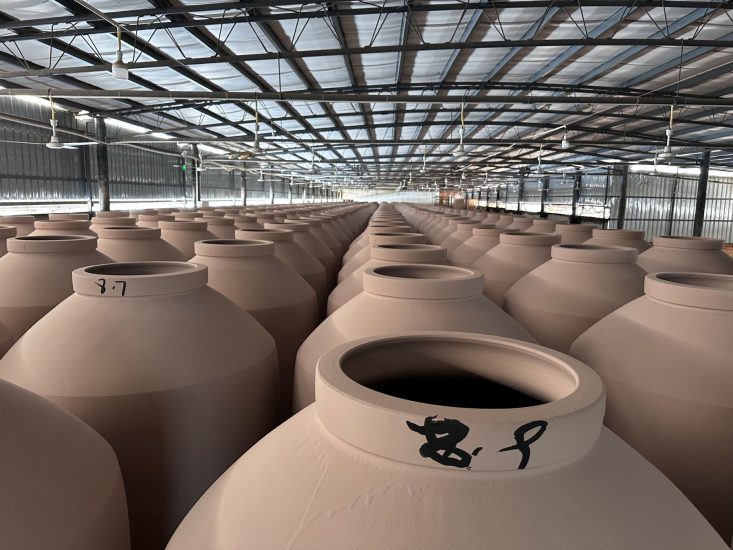 A large clay wine jar waiting to air dry in a drying room