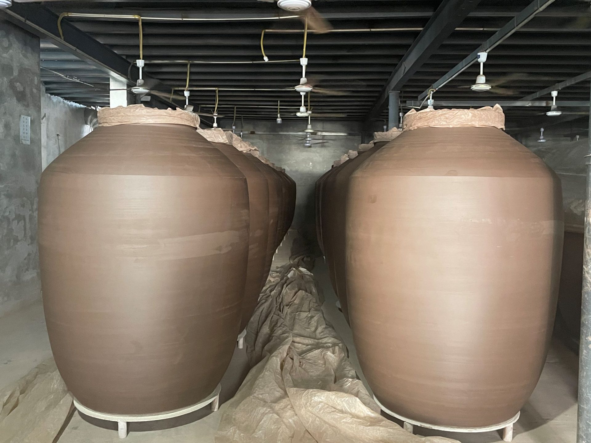 Large clay wine jars for natural drying in a drying room
