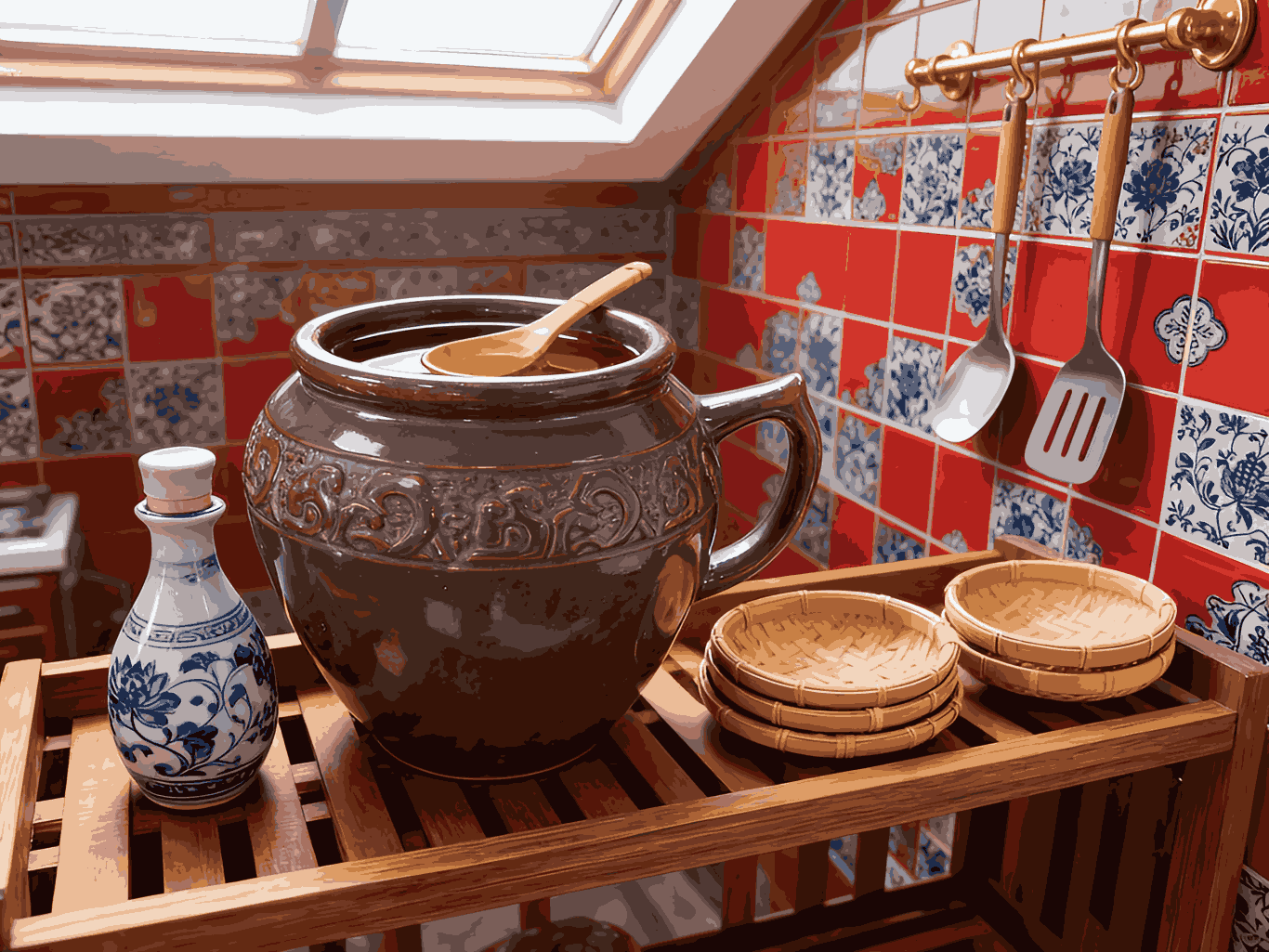 A covered terracotta jar used to hold seasonings or oil