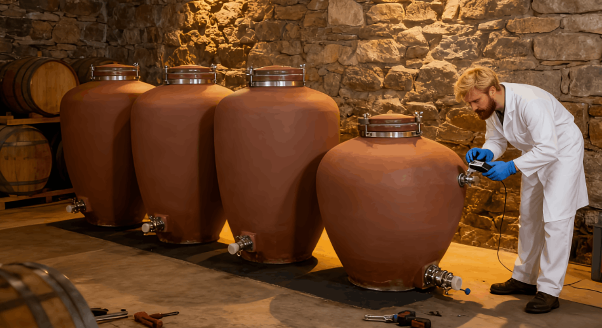 The winemaker is adjusting the clay wine jar