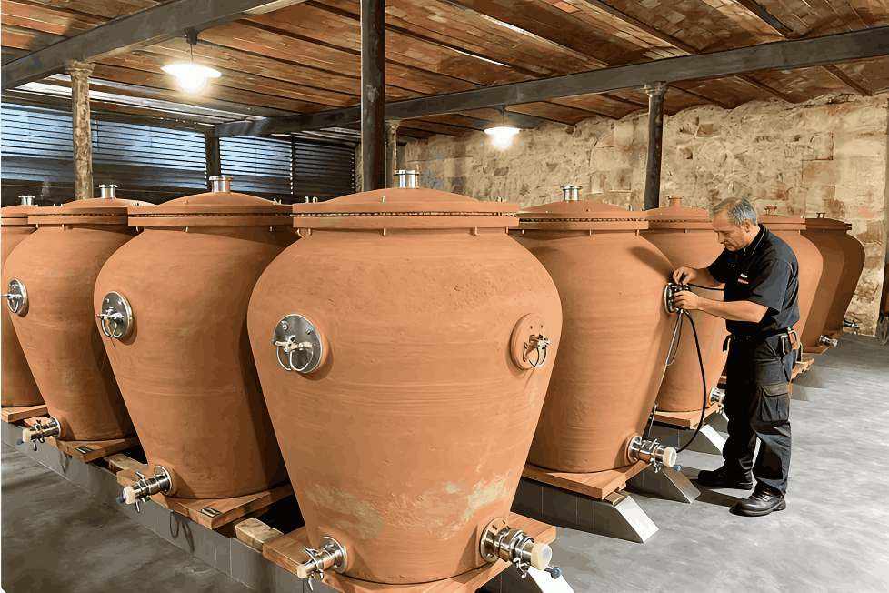 Winemaker installing a stainless steel valve on a conical wine amphora.