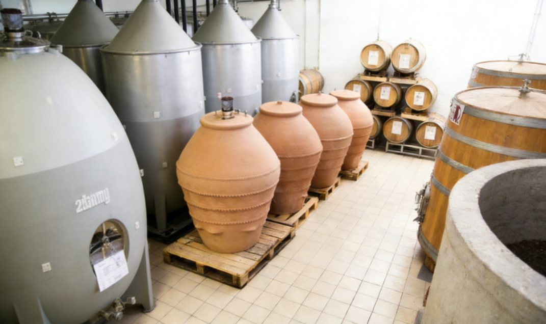 Terracotta amphora used for natural wine fermentation in winery