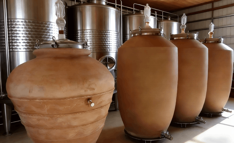 Terracotta amphorae, stainless steel tanks and oak barrels used as wine fermentation vessels for different wine styles