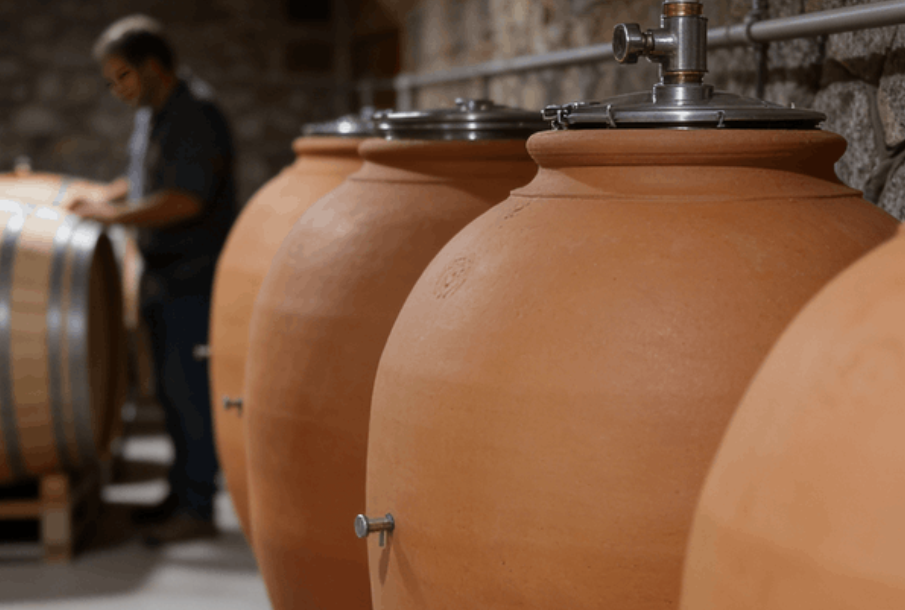 amphora fermentation vessels used in modern low intervention winery cellar