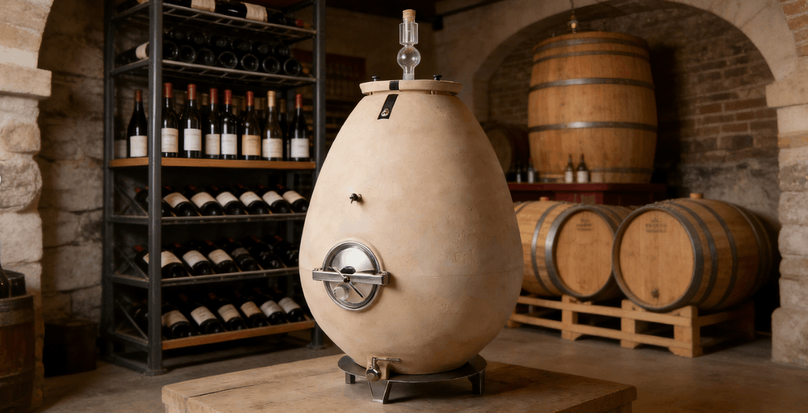 close-up of a clay wine amphora in a modern winery, showing egg-shaped form and unglazed surface