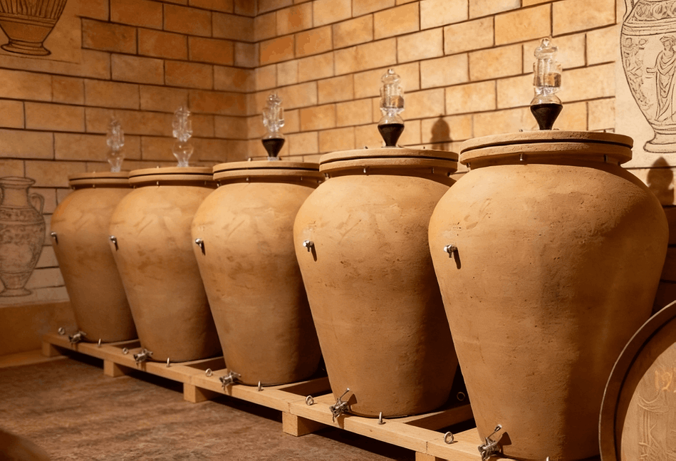 modern winery amphora vessels in a cellar, with ancient amphora history in the background, illustrating traditional clay fermentation used in modern winemaking