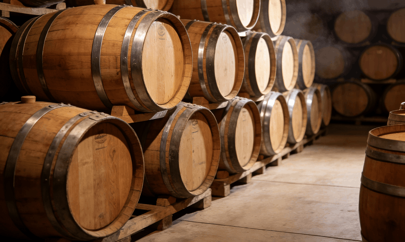 oak barrels used in wine fermentation adding spice and smoky flavors through slow oxidation