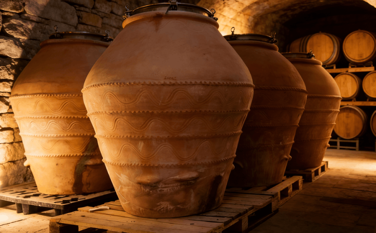 terracotta amphora fermentation vessel with porous clay enabling natural micro oxygenation in winemaking
