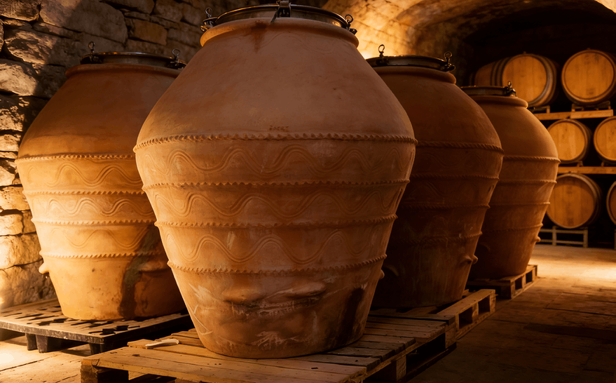 terracotta amphora fermentation vessel with porous clay enabling natural micro oxygenation in winemaking